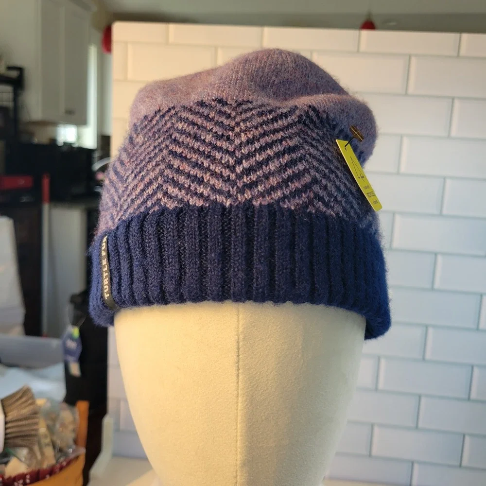 Turtle Fur Womens Purple Navy Chevron Knit Beanie Recycled Material Hat SOFT New
